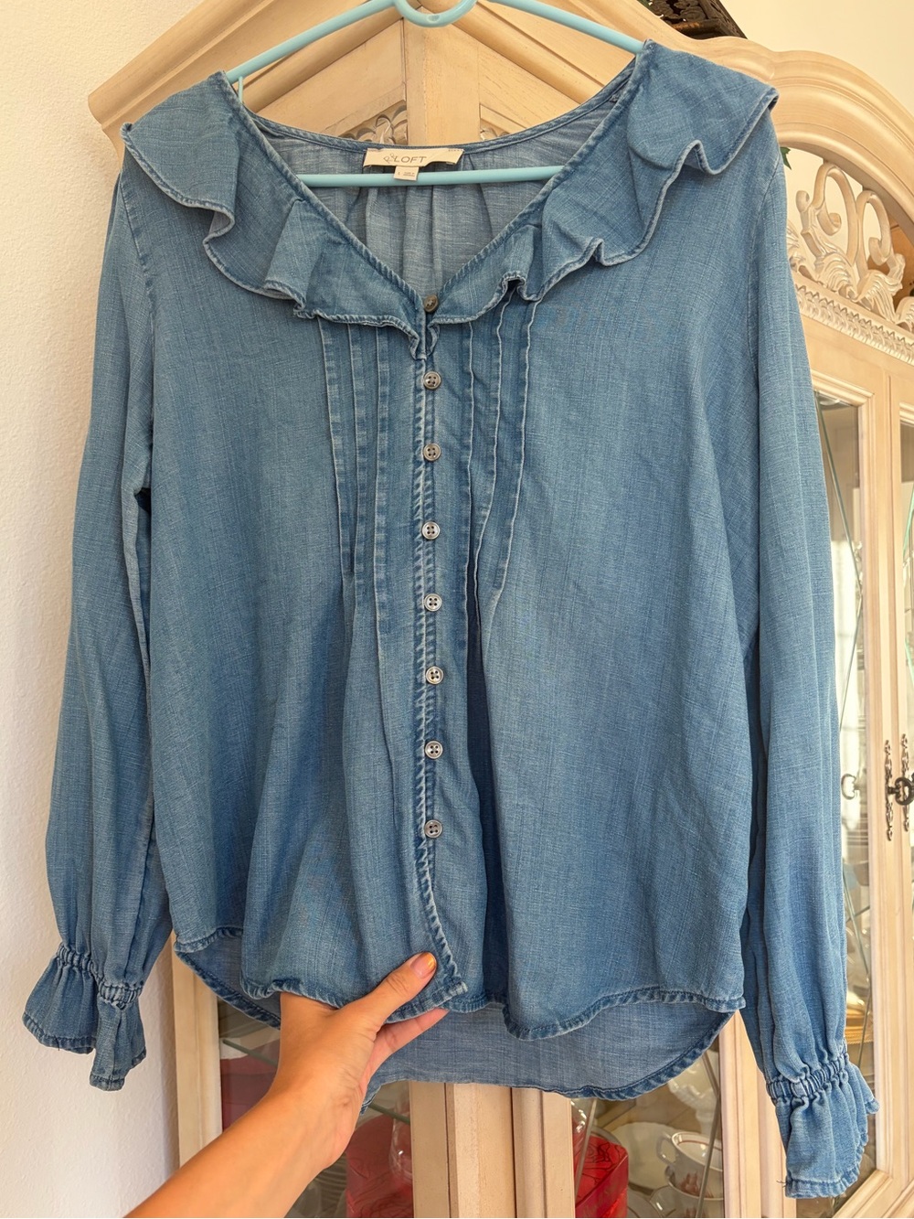 LOFT Chambray Ruffle Neck Button-down Top